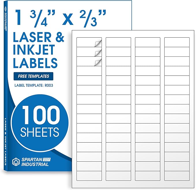 1 3/4" X 2/3" Matte White Printable Labels for Inkjet and Laser Printers - 100 Sheets, 6000 Custom Stickers for Return Address Labels, Price Tags, File Folders - Spartan Industrial Template R003