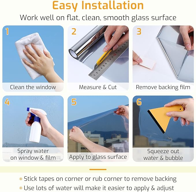 LUTE One Way Window Privacy Film, Window Tint for Home, Sun Blocking UV Heat Blocker, See Out Not in Reflective Mirror Film, Removable Static Cling Glass Door Coverings, Silver, 17.5" x 118.1"