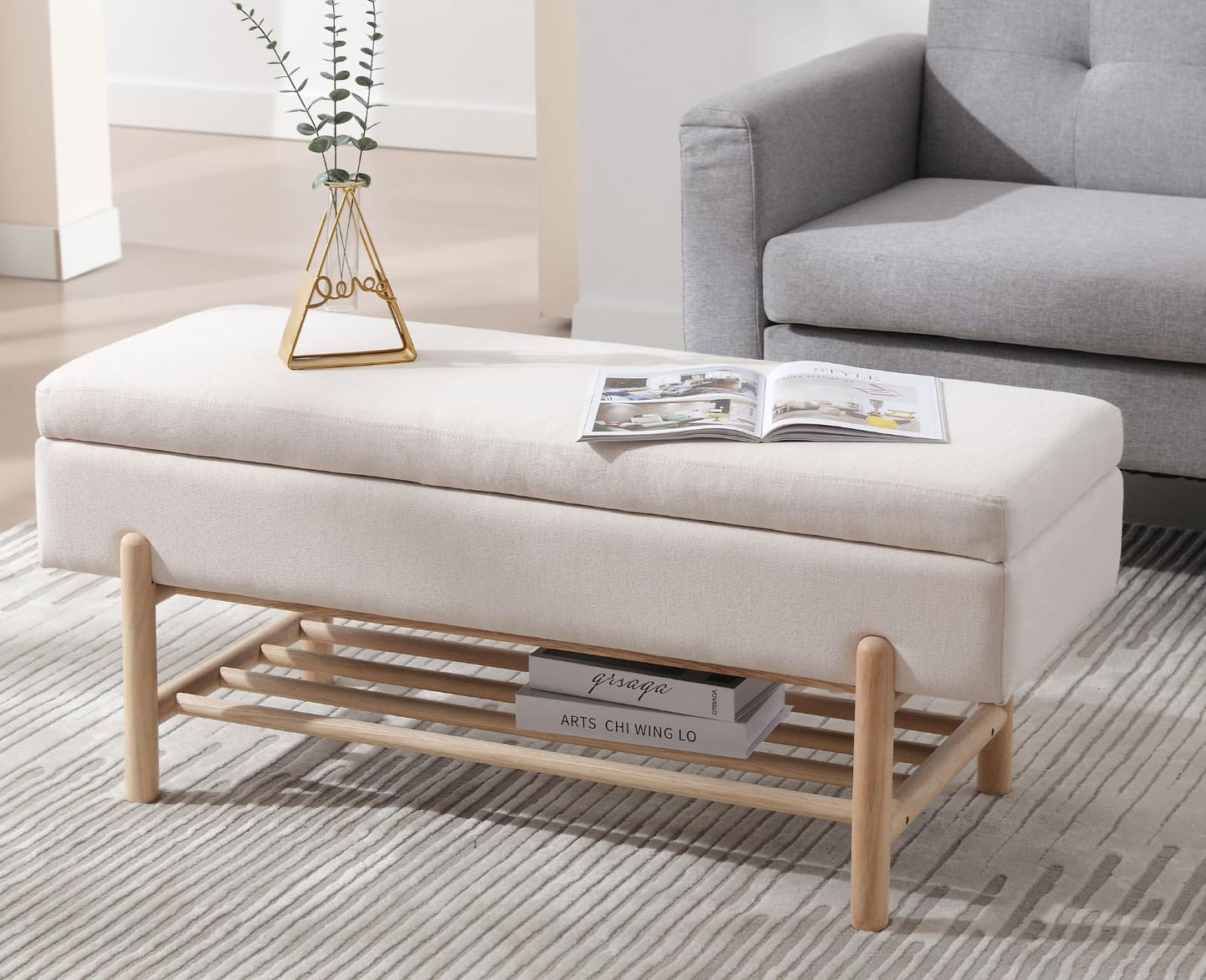 CIMOTA Entryway Storage Bench for Bedroom Upholstered End of Bed Ottoman Bench with Wood Shoe Storage for Living Room/Hallway/Under Window/Corner, 45 Inches, Linen Beige