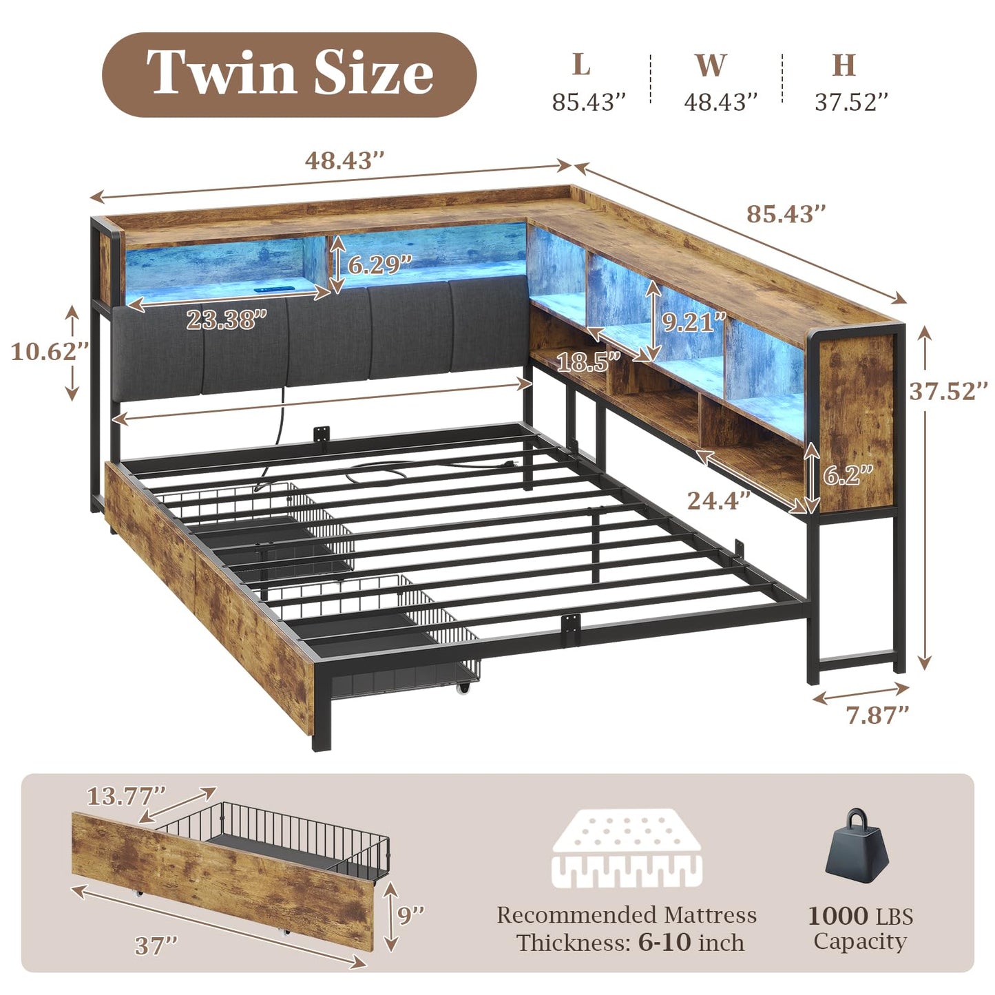 busyaeh Corner Bed with Storage Bookcase and LED Light,Corner Bed Frame with 2 Underneath Storage Drawers & Charging Station and Mattress Slide Stopper,Twin Bed Frames for Bedroom,Rustic Brown