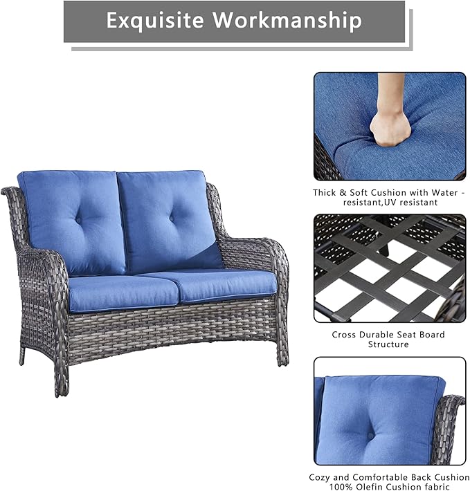 Rilyson Wicker Patio Furniture Set - 7 PC Rattan Outdoor Sectional Conversation Sets with 2 Rocking Swivel Chairs,2 Ottomans,1 Sofa,1 Loveseat and 1 Coffee Table for Porch Deck(Mixed Grey/Blue)