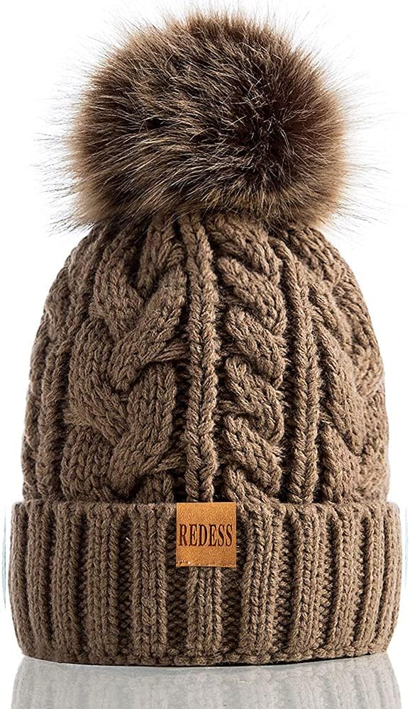 REDESS Women Winter Pompom Beanie Hat with Warm Fleece Lined, Thick Slouchy Snow Knit Skull Ski Cap