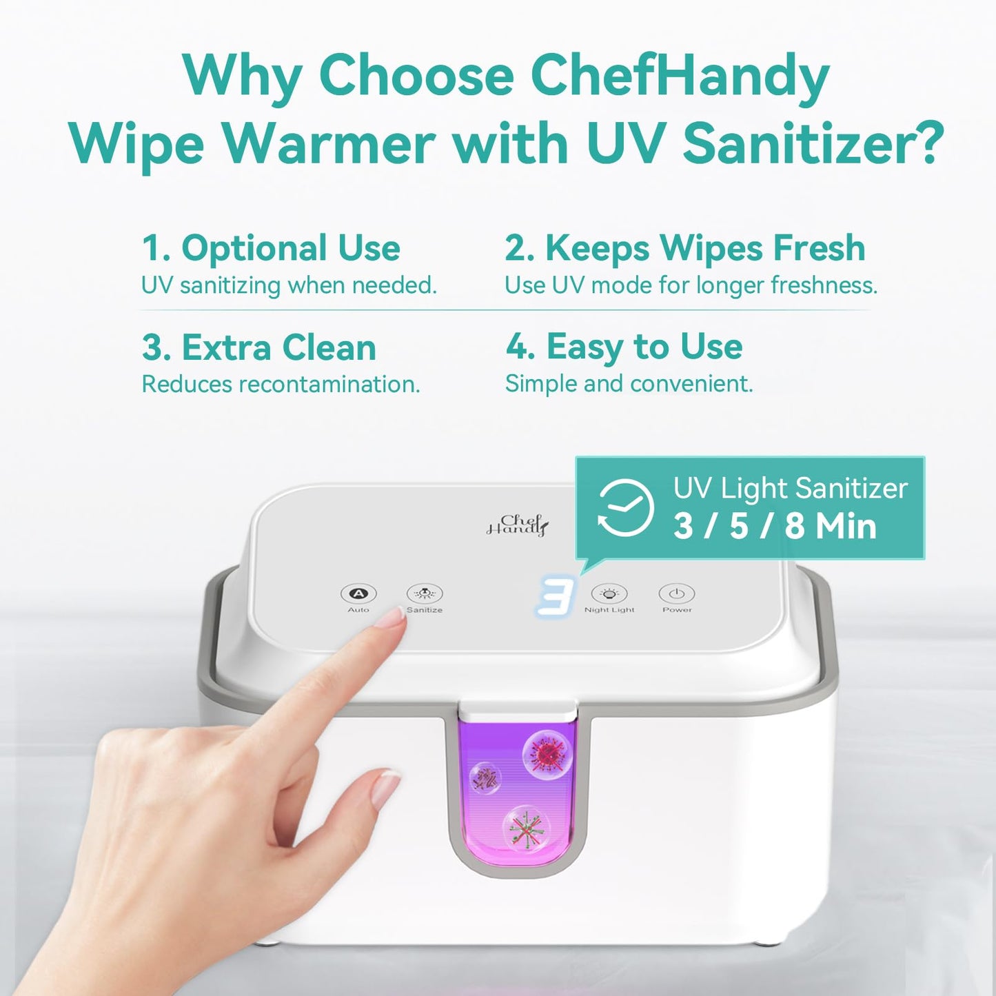 Chefhandy Wipe Warmer with UV Sanitizer for Babies & Adults, Adjustable Temperature, Quiet Heating, Night Light, Large Warm Wipe Holder (White)