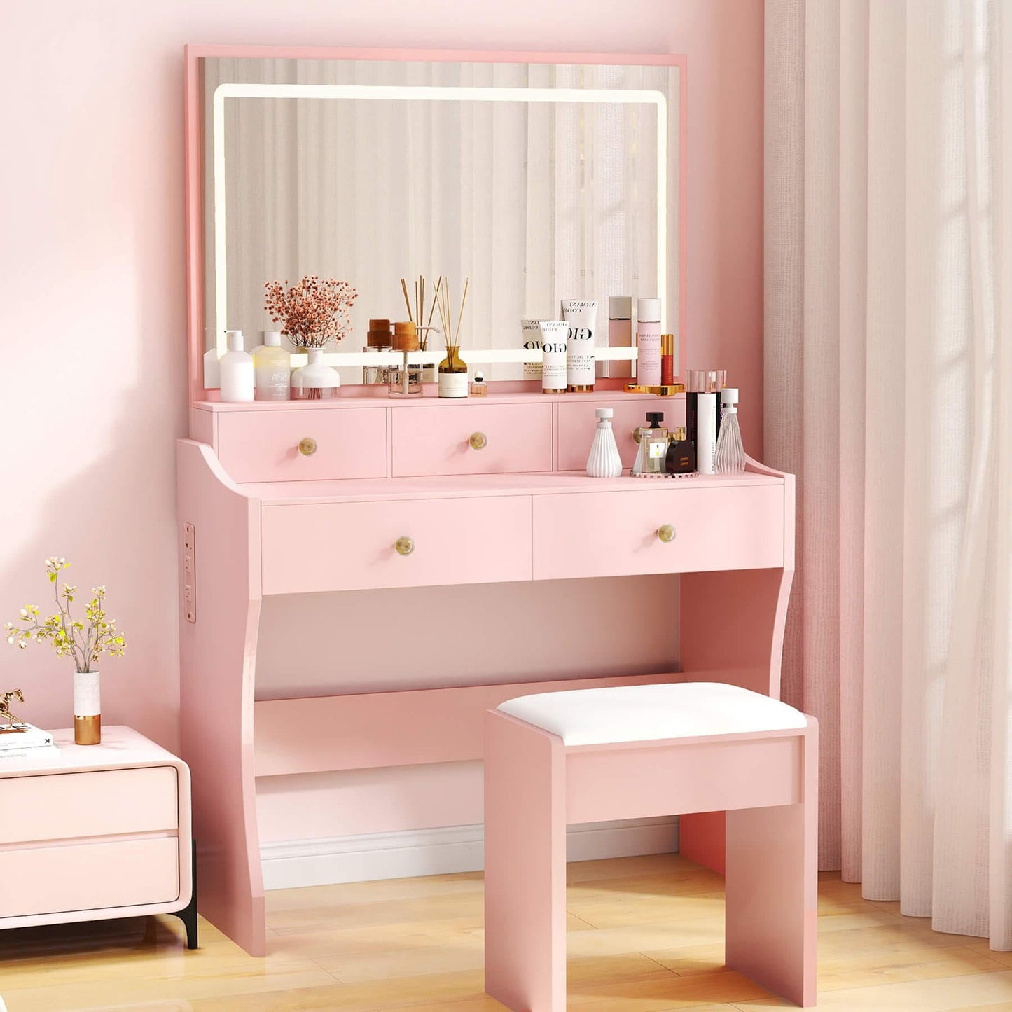COMHOMA Makeup Vanity Desk with Mirror and Lights, Vanity Table and Chair Set with 5 Drawers and Charging Station, Bedroom Dresser LED Mirror Stepless Dimmable & 3 Color Modes Adjustable, Pink