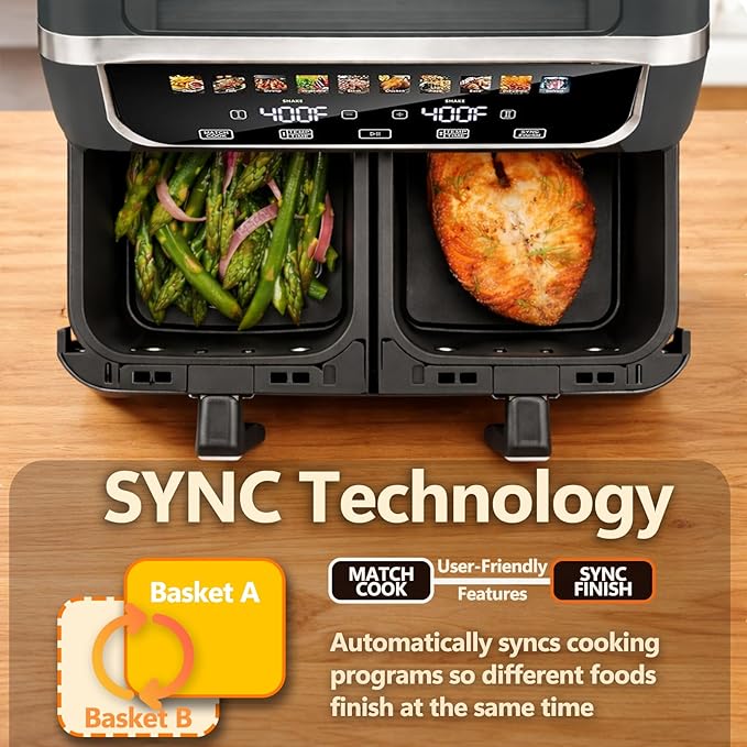 Simple Deluxe 9.5-Qt Dual Basket Air Fryer, 10-in-1 Digital Preset Airfryer, Sync Cook, Independent Temp Control, Shake Reminder, Nonstick Basket, Grey