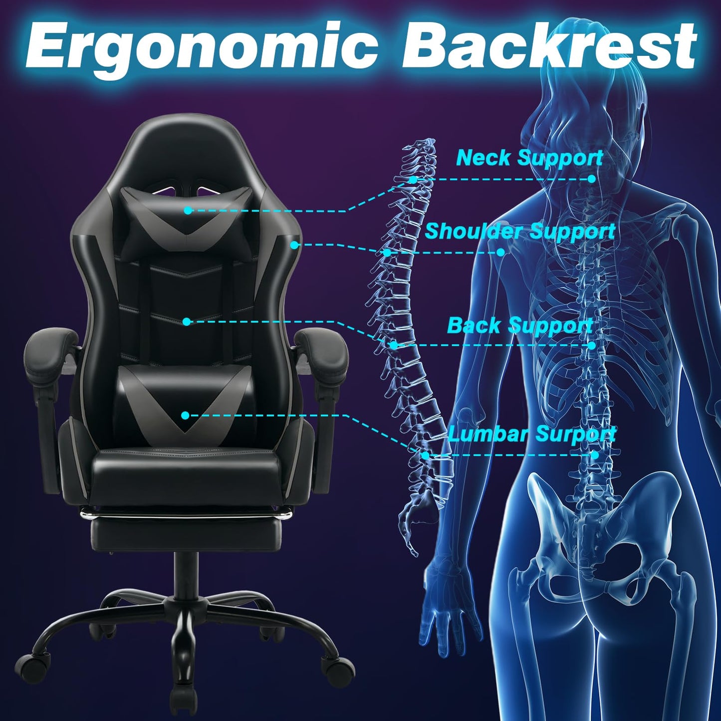 Czlolo Gaming Chair with Footrest Racing Style Lumbar Support Massager Video Game Chair with Metal Legs, High Back Reclining Gamer Chair with Headrest, 360° Swivel Office Computer Desk Chair (Gray)