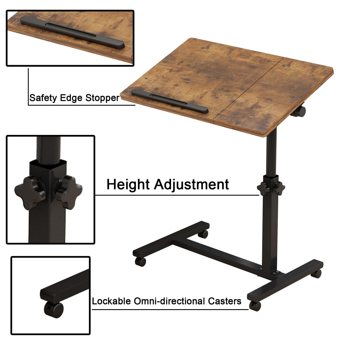 LINGMI Overbed Bedside Desk Mobile Rolling Laptop Stand Tilting Overbed Table with Wheels Height Adjustable Tray Table for Laptop Bed Sofa Side Table
