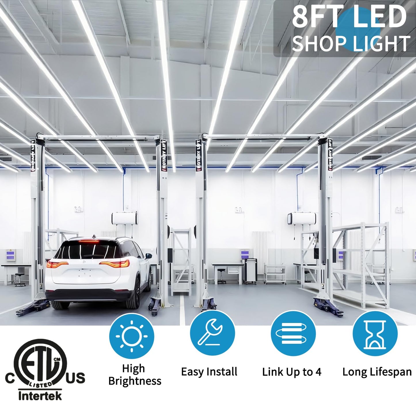 SHOPLED 8FT LED Shop Light, 72W 9360LM 6000K Cool White, T8 LED Tube Lights Fixture, High Output, 8 Foot Shop Lights for Garage, Workshop, Warehouse, Plug and Play, 25 Pack