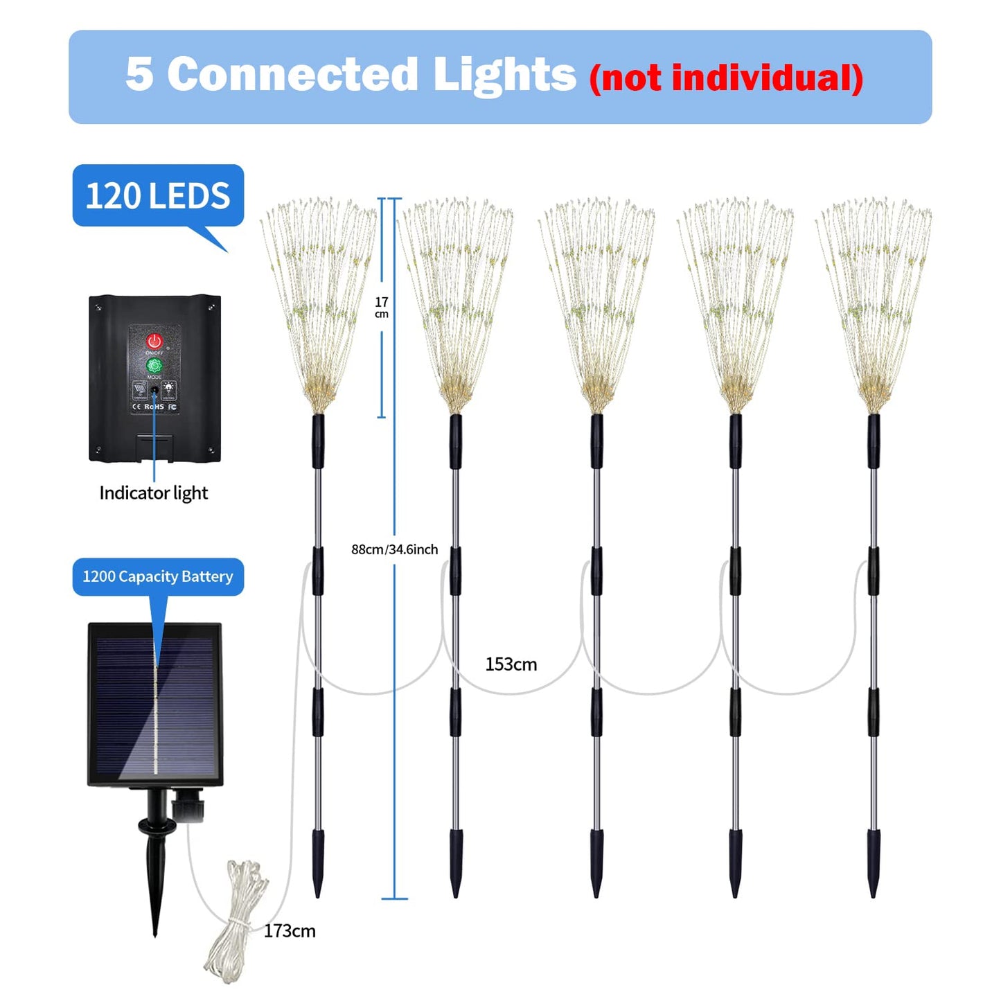 Solar Garden Lights Outdoor Fireworks - 5 Pack Decorative Solar Lamps with 8 Modes Remote for Lawn Backyard Patio Pathway (Cool White)