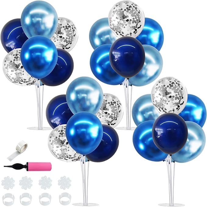 TONIFUL 4 Set Metallic Blue Silver Balloon Stand Centerpiece Table Decorations for Men's Birthday,Father's Day Retirement,...