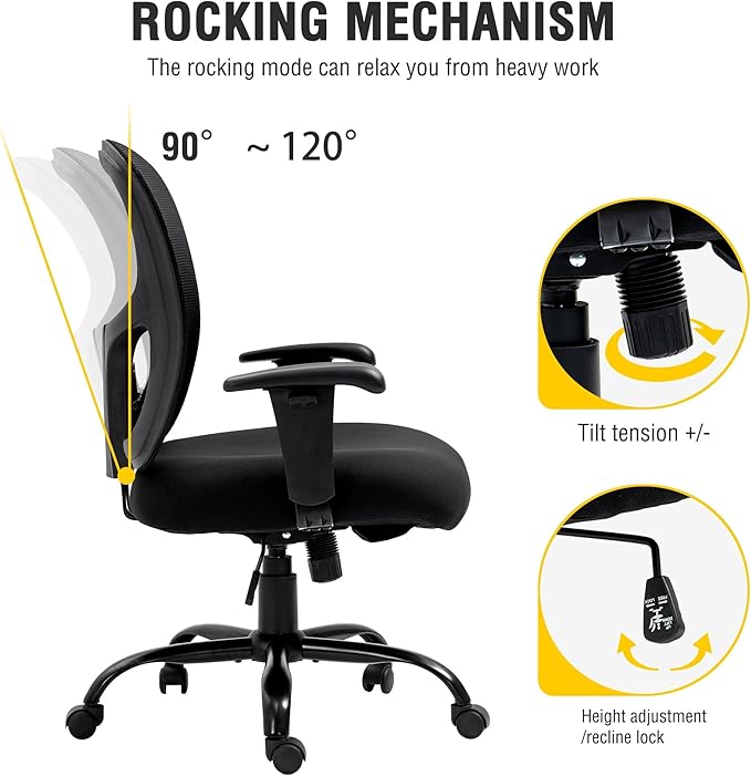 Bigroof Big and Tall Office Chair 500LBS Ergonomic Mesh Desk Chair with Adjustable Lumbar Support Arms Wide Seat Task Executive Rolling Swivel Chair for Heavy People (Black-500LBS)