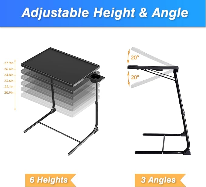 Allpop TV Tray Table, TV Dinner Tray for Eating Set of 2, Adjustable Folding Laptop Table with 6 Heights & 3 Tilt Angles, Cup Holder on Couch & Bed, Black | for Eating, Adjustable, Folding, 6 Heights, 3 Tilt Angles, Cup Holder