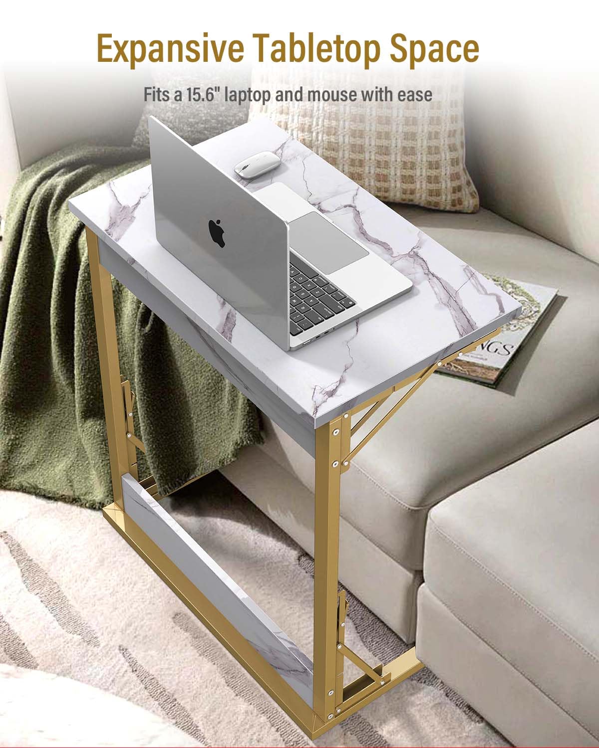 Tatub 24" Folding TV Tray Table, Marble C Shaped End Table for Couch, Small Sofa-Side Laptop Desk with Gold Metal Frame for Living Room, Bedroom, Bedside