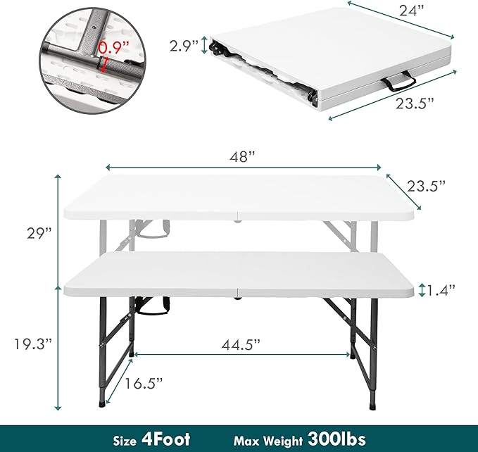 Plainsity 4ft Table, Adjustable Height Table with Foldable, Easy to Carry, for Family Gatherings, Outdoor Gatherings, Indoor