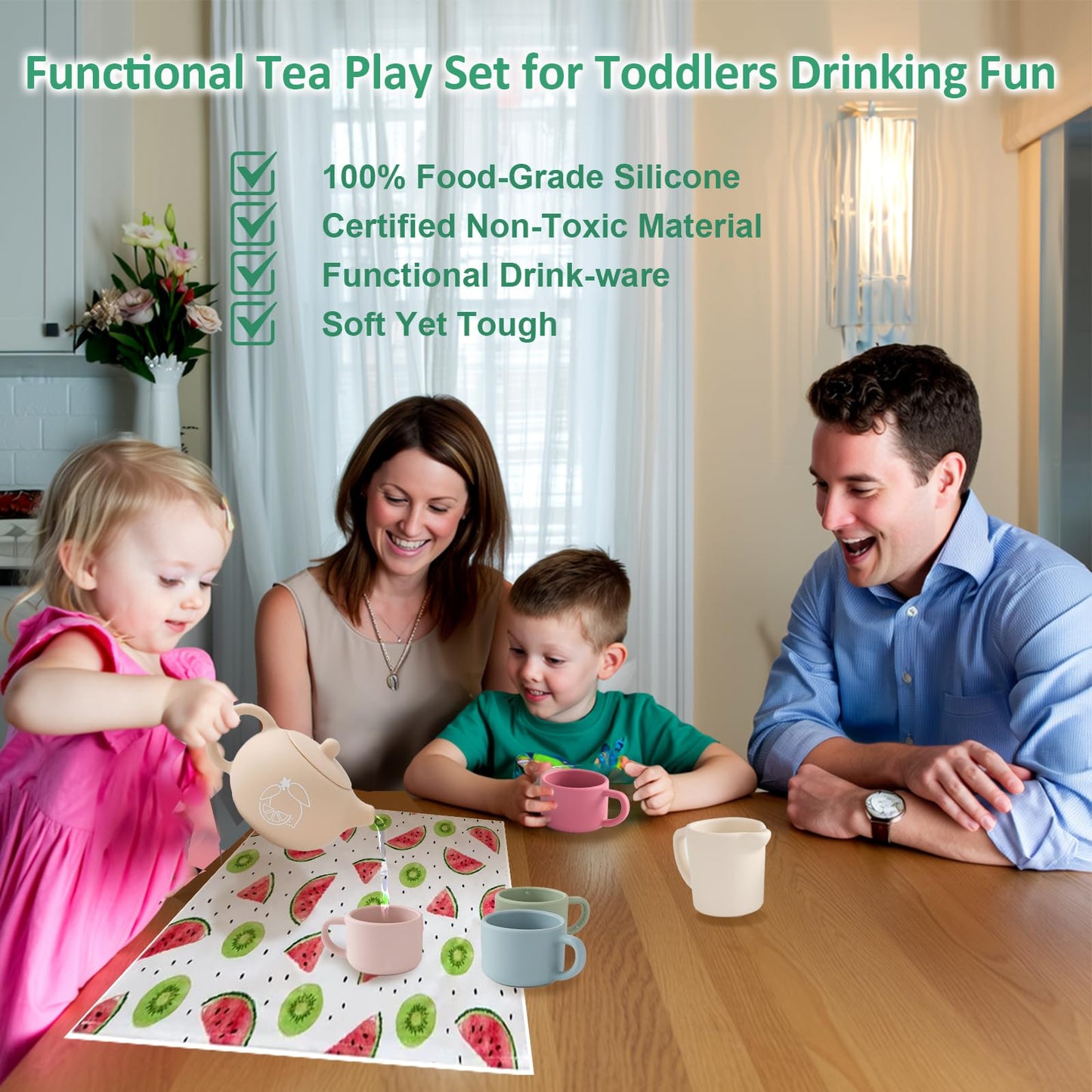 Smartwo Silicone Tea Set for Toddlers Aged 0+ Months,Real or Play Tea Party Set for Kids,Non-Toxic Baby Kitchen Toys,Cute Morandi Children Gift Suitable for Little Girl Boy(with Washable Cloth Napkin)