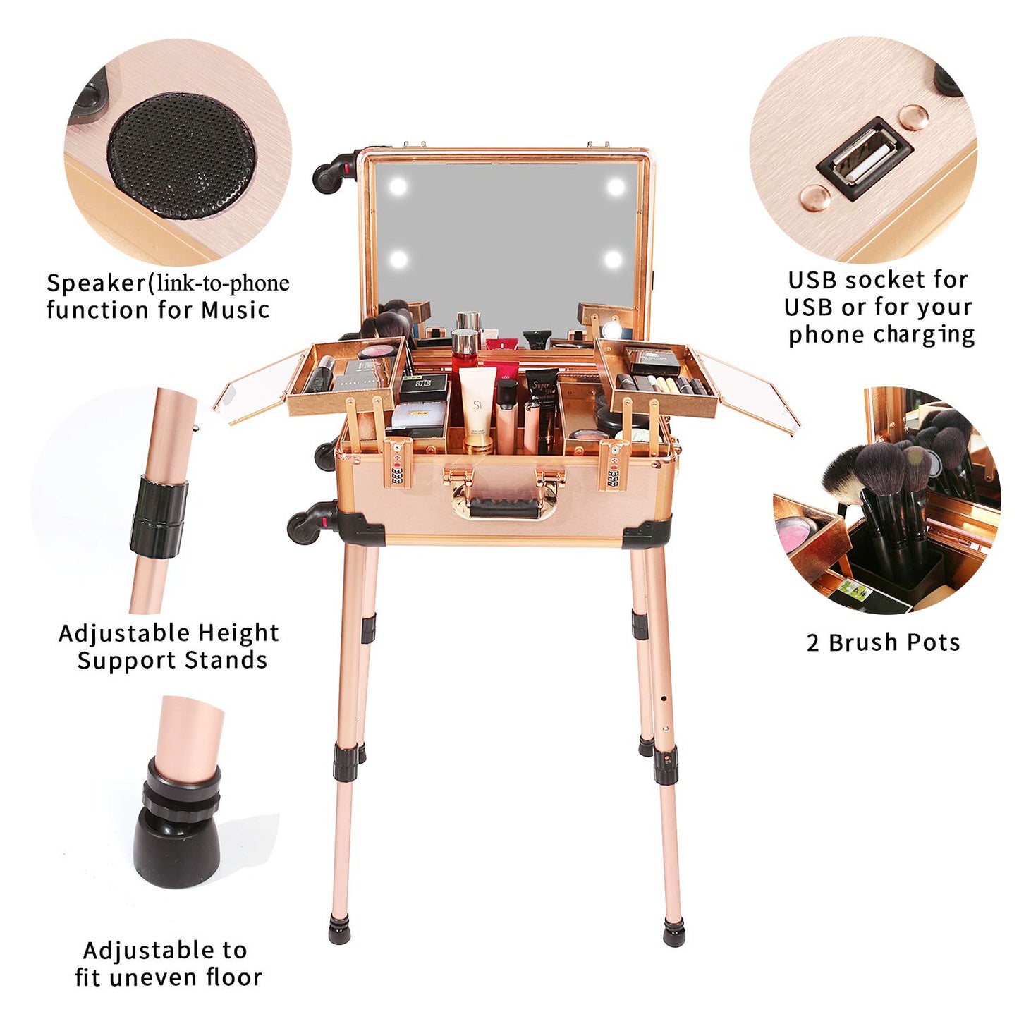 Jula Vance Medium Makeup Train Case with Code Lock, Lighted Mirror, Speaker Travel Cosmetic Organizer Box, Professional Artist Trolley Studio Free Standing Case