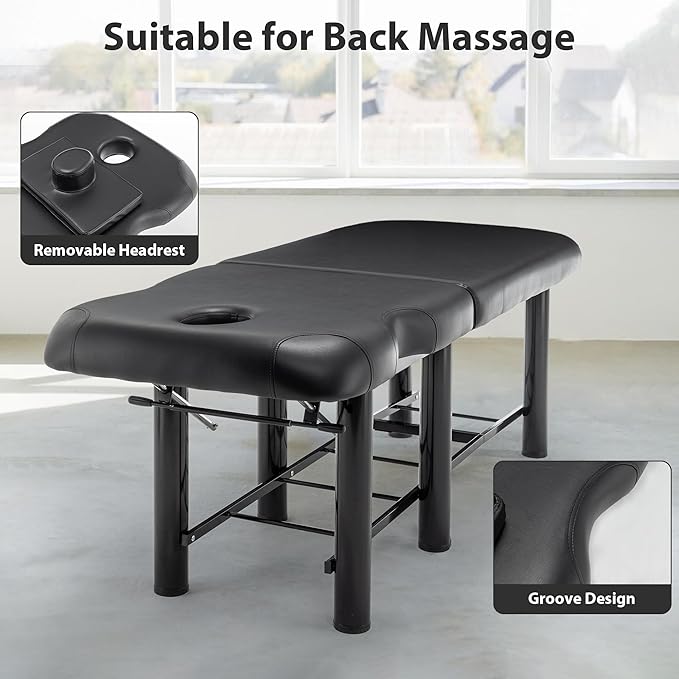 Professional Massage Table with Backrest, Faux Leather Stationary Physical Therapy Table, Metal Frame Barber Beauty Equipment, Removable Headrest Treatment Table Salon Spa Bed, Black