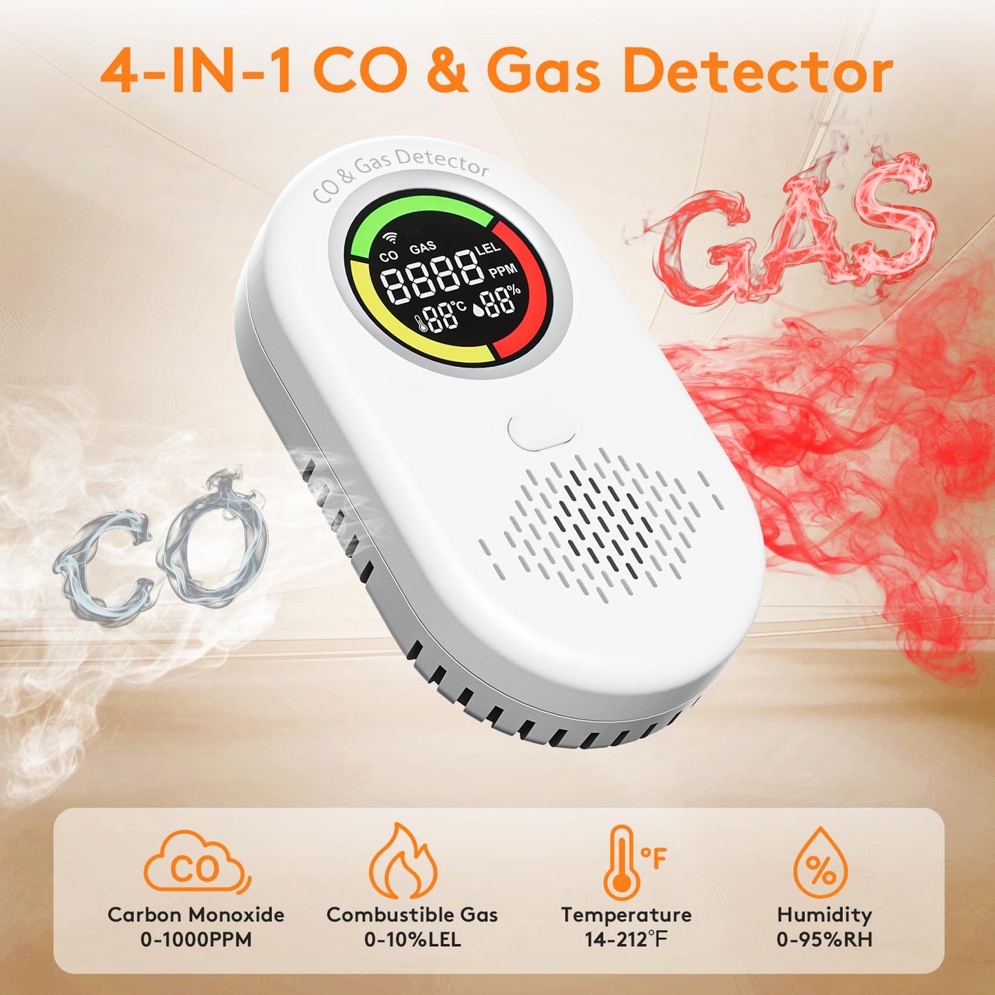 Carbon Monoxide Detectors Plug in, 4-in-1 Voice Broadcast Natural Gas Leak Detector, Portable LCD CO Detector with Temp and Humidity Monitor, Dual Sensor Methane Gas & CO Alarm for Home Travel RV