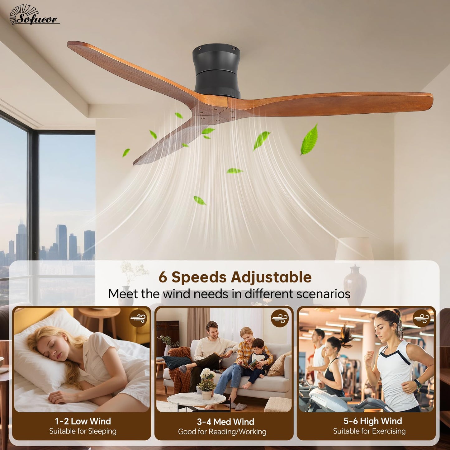 Sofucor 52" Smart Ceiling Fan No Light, Solid Wood Low Profile Ceiling Fan with Remote, Flush Mount Ceiling Fan Works with Alexa/Google/App 6-Speed Timing Reversible DC Motor for Living Room Bedroom