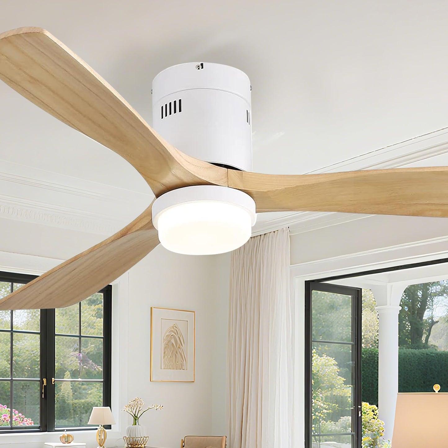 Sofucor Ceiling Fan With Lights-52 Inch Flush Mount Ceiling Fan With Light And Remote Control, Low Profile Wood Blades Modern Ou