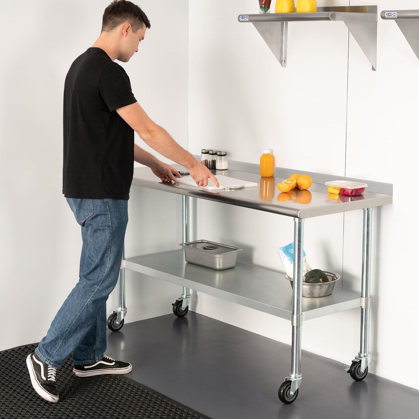HARDURA Stainless Steel Table with Wheels 30X72 Inches NSF Heavy Duty Commercial Prep Table with 2” Backsplash and Adjustable Undershelf for Food Prep