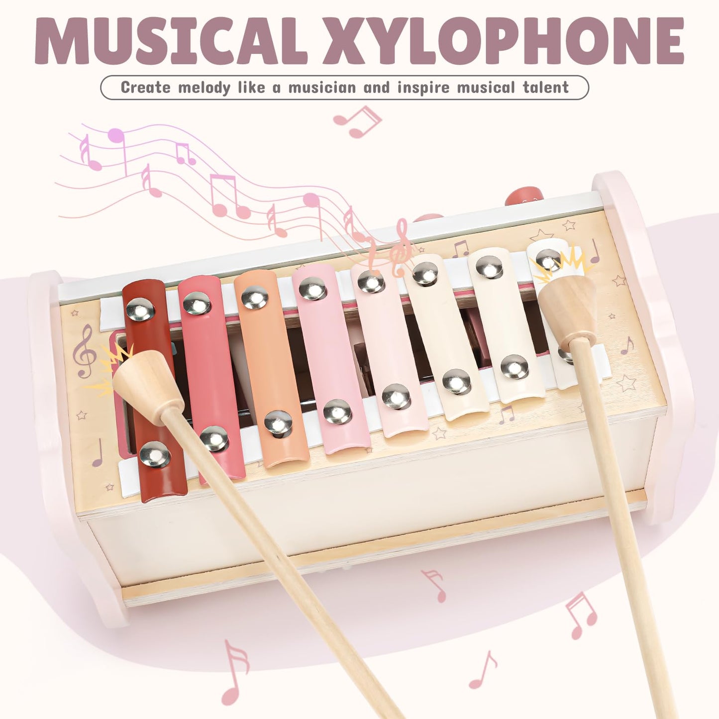 Joyreal Montessori Toys for 1 Year Old Girl Gift - Pink Wooden Hammering Pounding Toy with Xylophone & Fishing Game - Toddler Learning Activities for Kids 1+ 2 3 Year Old Christmas Birthday Gifts