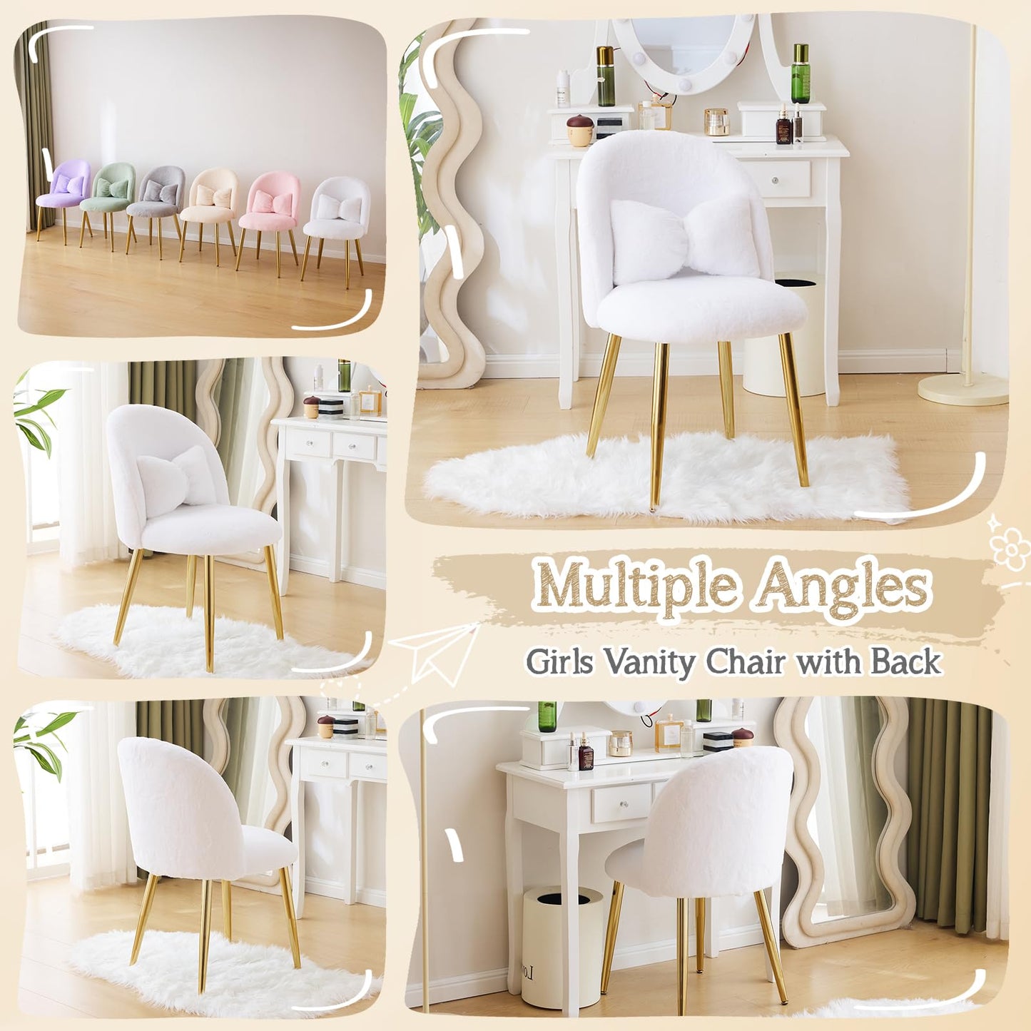 VINGLI Fluffy Girls Vanity Chair with Back & Pillow,Cute Small Cozy Desk Chair No Wheels,Comfy Makeup Ch with Ajustable Gold Legs,for Bedroom,Living Room,Small Space,White