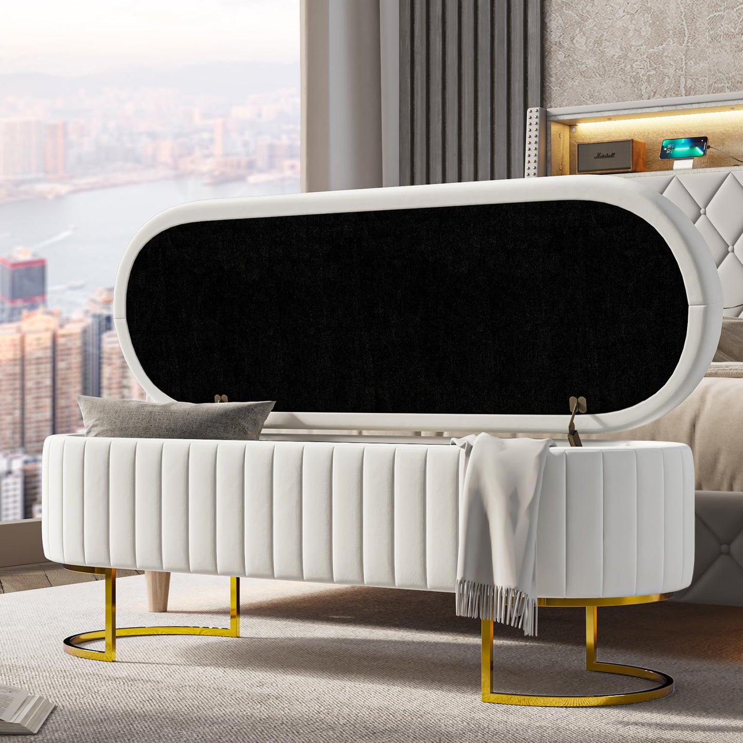 EcoHarbor Living 50" Storage Ottoman Bench with 2 Additional Ottomans, End of Bed Bench Bedroom Bench, Upholstered Velvet Long Window Bench with Gold Legs, Flipping Lid Entryway Footrest