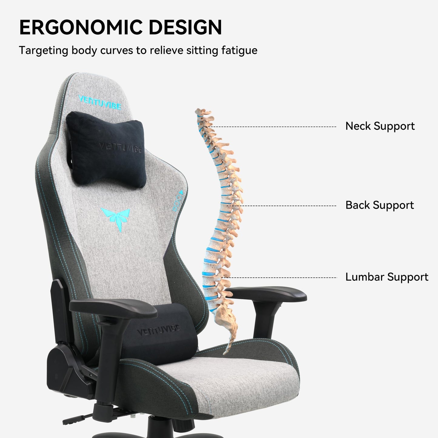 VENTUVIBE Gaming Chair 4D Adjustable Armrests - 155° Reclining & 320lb Capacity, High Back Ergonomic Computer Chair with Lumbar Support, Fabric Office Chair for Adults (Gray)