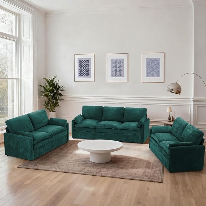 ACMEASE 3 Pieces Chenille Sofa Set w/Arm Pillows, Upholstered 2 Pieces Loveseat & 3 Seater Sofa w/Comfortable Back Cushions, Modern 2-Seat & 3-Seat w/High-Density Foam for Living Room, Teal
