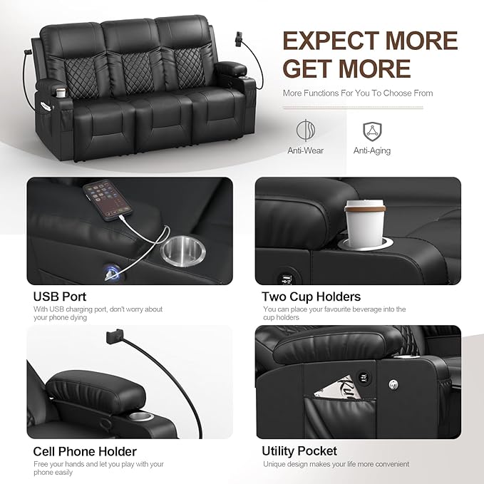 FURNIMAT Recliner Sofa Set with 3+1 Pieces in Living Room, 3 Seater Reclining Sofa with USB Ports, Cell Phone Holders, 1 Recliner Chair with Vibration Massage and Heat Single Sofa Seat, Bedroom, RV