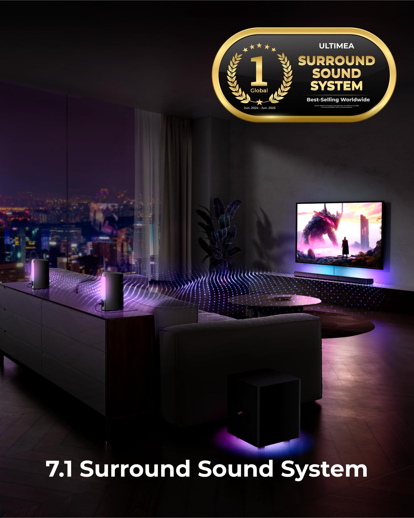 ULTIMEA 7.1ch Virtual Surround Sound Bar, Sound Bar for Smart TV with 2 Surround Speakers, Surround Sound System for TV with RGB, 6.5" Subwoofer, Peak Power 410W, App, HDMI/OPT/AUX/BT Apollo S70 Ultra