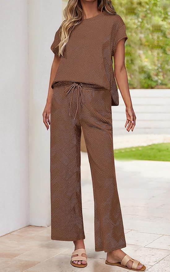 PRETTYGARDEN 2 Piece Outfits For Women Casual Tracksuit Short Sleeve Tops And Wide Leg Long Pants Matching Lounge Sets