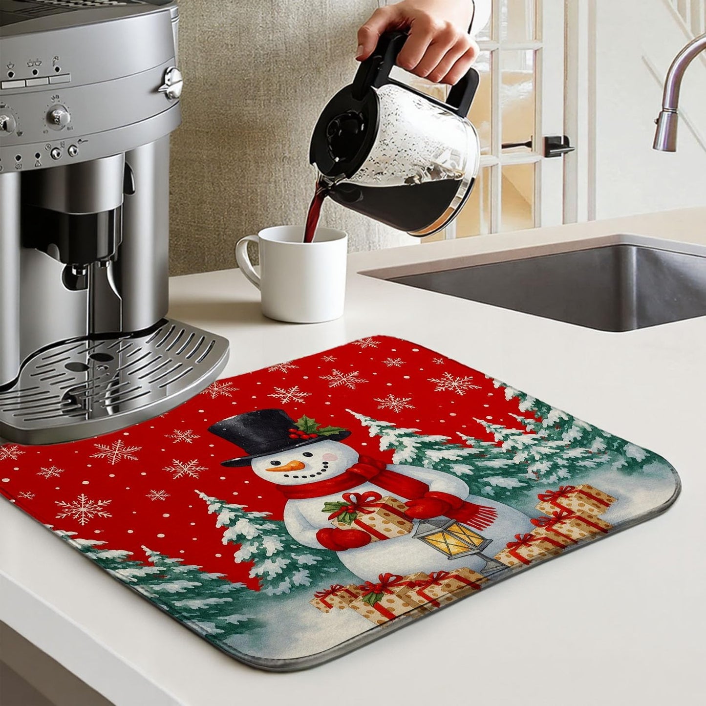 Red Christmas Drying Mat for Kitchen Counter 18" X 24" Christmas Dish Drying Mat for Kitchen Decor Snowman Xmas Drying Mats For Home Counter Drying Mats For Dishes Dish Mat Drying Mat