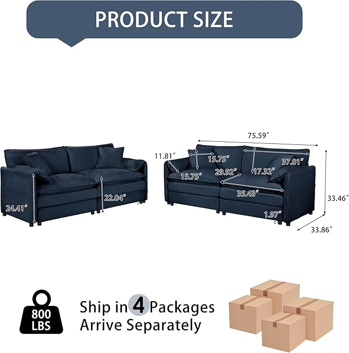 RENDGO Modular Sectional Sofa Sets,2 Pieces Chenille Sectional Loveseat Sofas,Deep Seat Comfort,4-Seater Comfy Couch for Living Rooms & Apartment, Guest Rooms,Blue