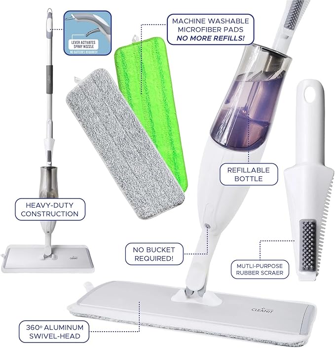 Don Aslett's Spray Mop Plus+ for Floor Cleaning| 360° Rotatable Head | Reusable Microfiber Pad | Rubber Scraper | Refillable | Cleaning Pods | All Floor Types Including Laminate, Hardwood, Tile