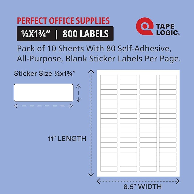 TAPE LOGIC Printable Self-Adhesive ½ x 1 ¾” White Laser Labels (10 Sheets of 80) | 800 All Purpose Blank Sticker Label, Office & Personal Supplies for Address Shipping & Mailing