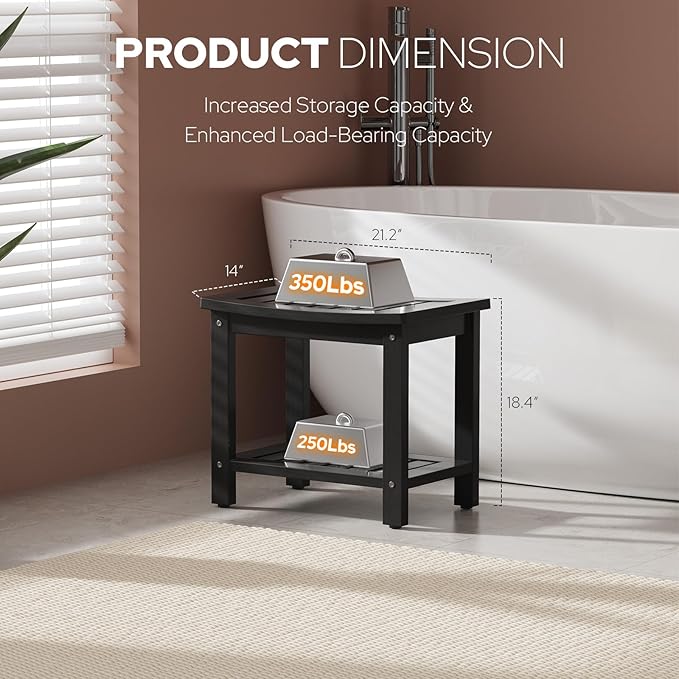 Psilvam Poly Lumber Shower Bench with Storage Shelf, Non-Slip Design, Water Resistant for Bathroom & Living Room (Black)