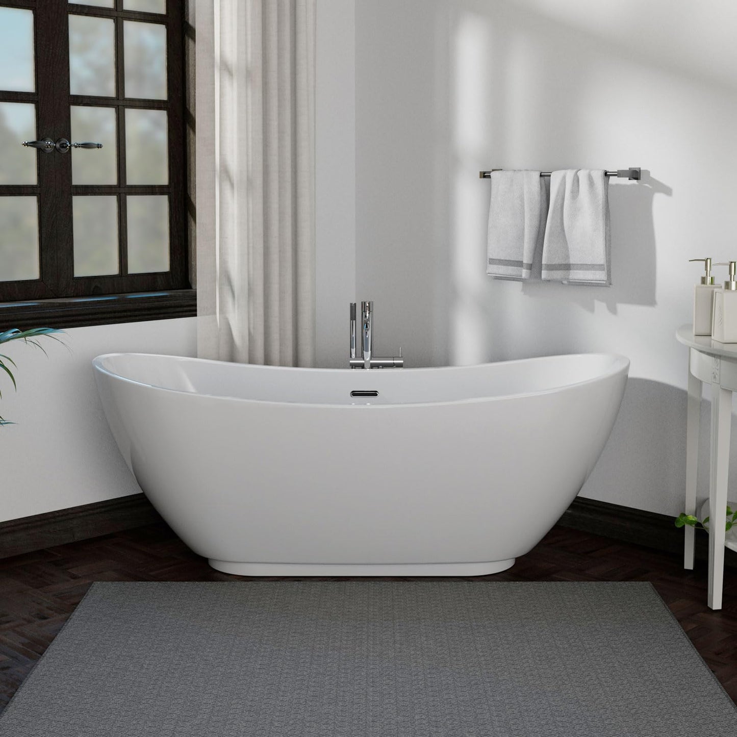 Empava 69" Freestanding Tub, Acrylic Contemporary Soaking White Tub with Drain and Overflow