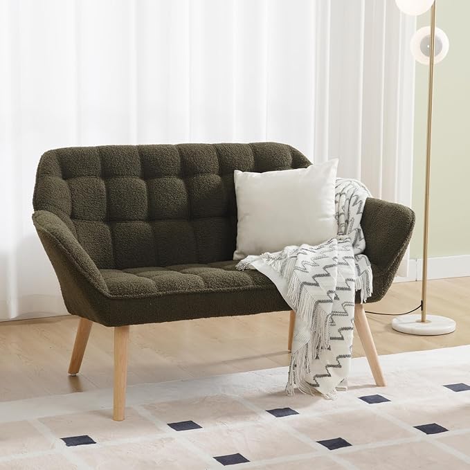 Hyfirm Small Loveseat Sofa, 48 inch Sherpa Love Seat for Living Room Comfy Mini Couch with Wood Legs for Small Spaces Bedroom Apartment Office, Dark Green
