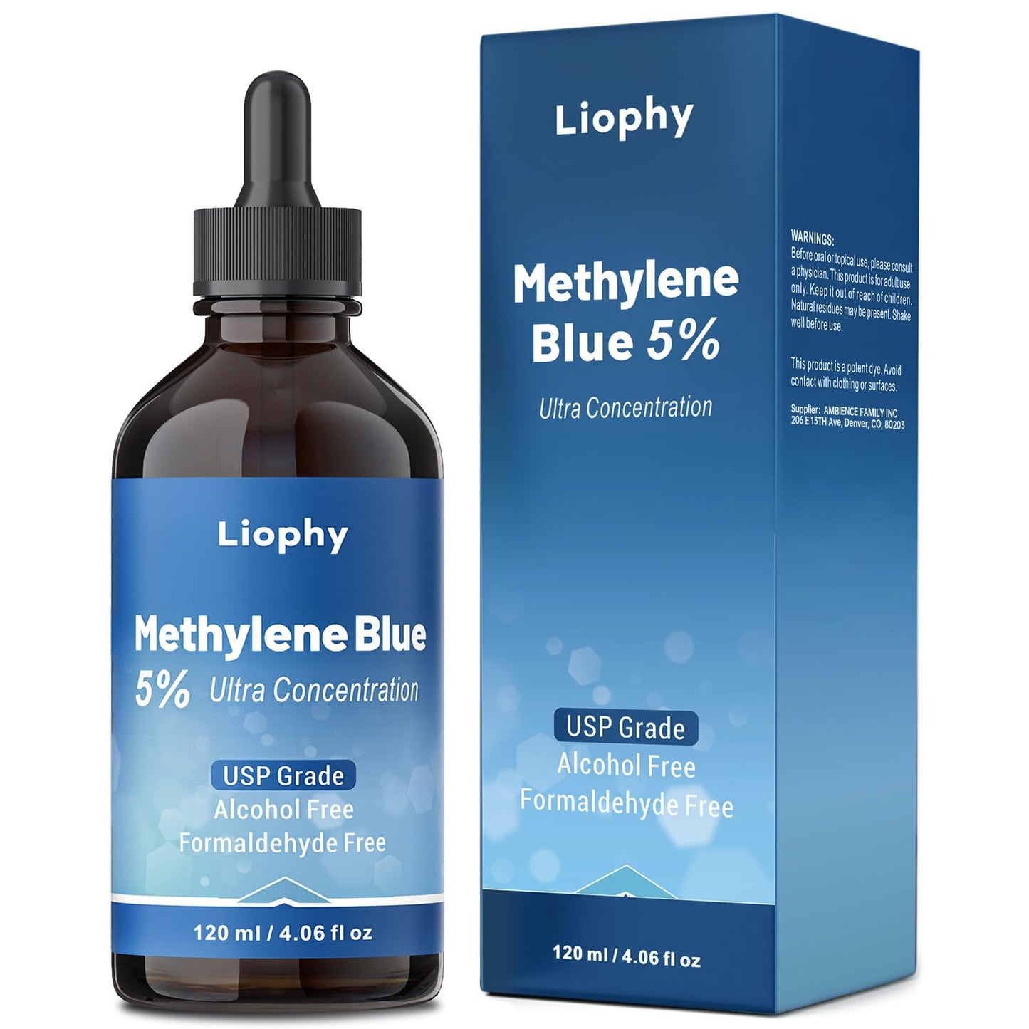 Liophy Methylene Blue Pharmaceutical Grade 5% Drops, 120 mL – High Purity 99.99% Methylene Blue for Humans, Formaldehyde and Alcohol Free (ups Grade)