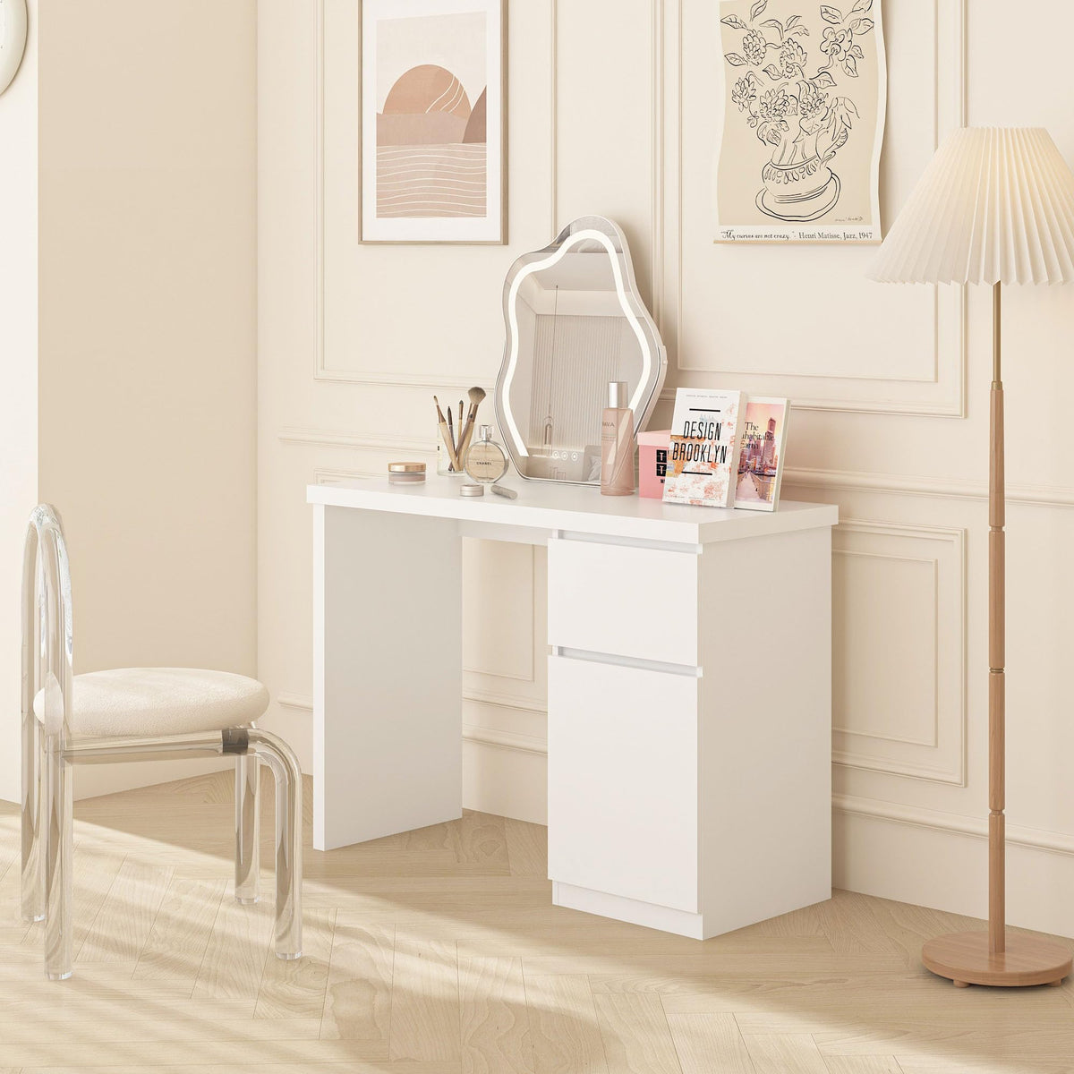 furtble White Desk with Drawers, 43 Inch Small Cute Desk for Bedroom, Home Office PC Desks Workstation Study Table Deskswith Storage, White