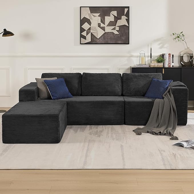 Furnify 106" Modular Sectional Sofa with L-Shape Chaise, Right/Left Facing Deep Seat Cloud Couch, No Assembly Required, Upholstered Couch for Living Room Bedroom (Plush Corduroy Fabric, Black)