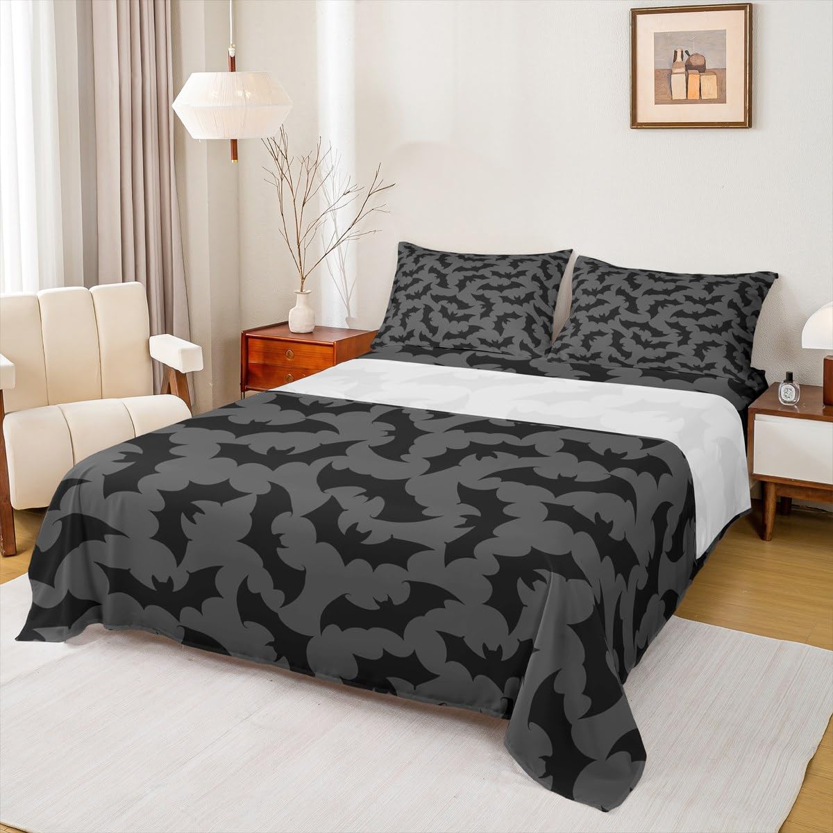 Feelyou Bat Sheet Set Queen Size Kids Happy Halloween Sheets with Deep Pocket Fitted Sheet for Boys Girls Bed Sheets Set Trick or Treat Grey Bedding Set Room Decor Bed Set, 4Pcs