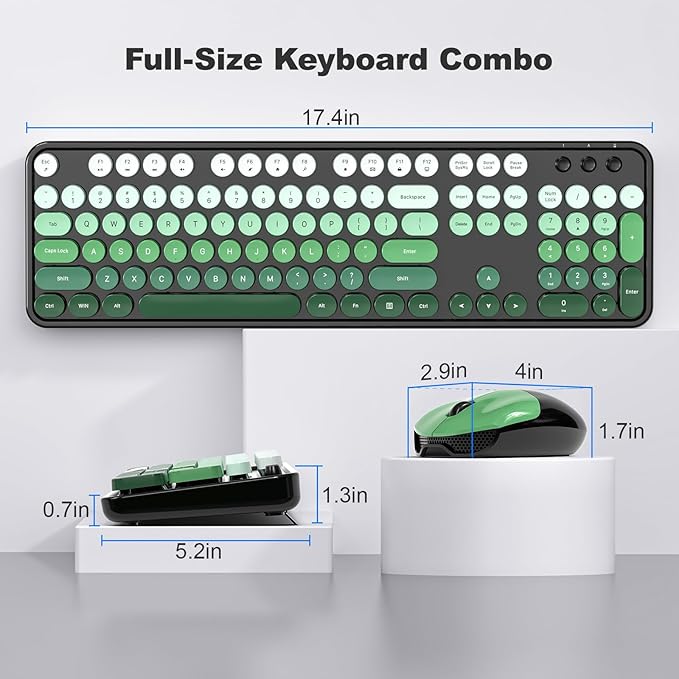 MOFII Wireless Keyboard and Mouse Combo, 2.4GHz Retro Typewriter Keyboard Full Size, Cute Wireless Mice, USB Dongle Plug and Play, for Laptop, PC, Desktop, Windows (Black Green Gradient Color)