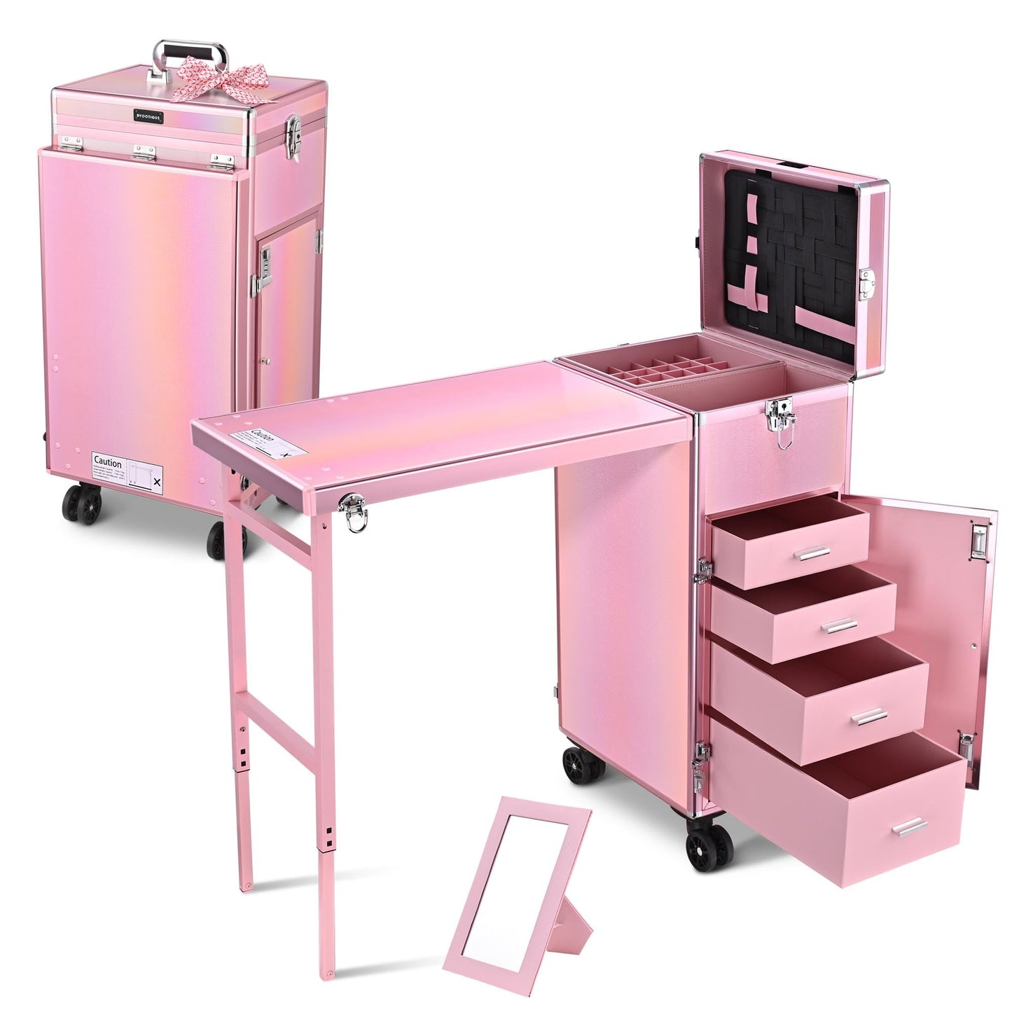 BYOOTIQUE Rolling Manicure Table Portable Nail Desk Station Travel Makeup Train Case Cosmetic Trolley Storage Organizer with Sto