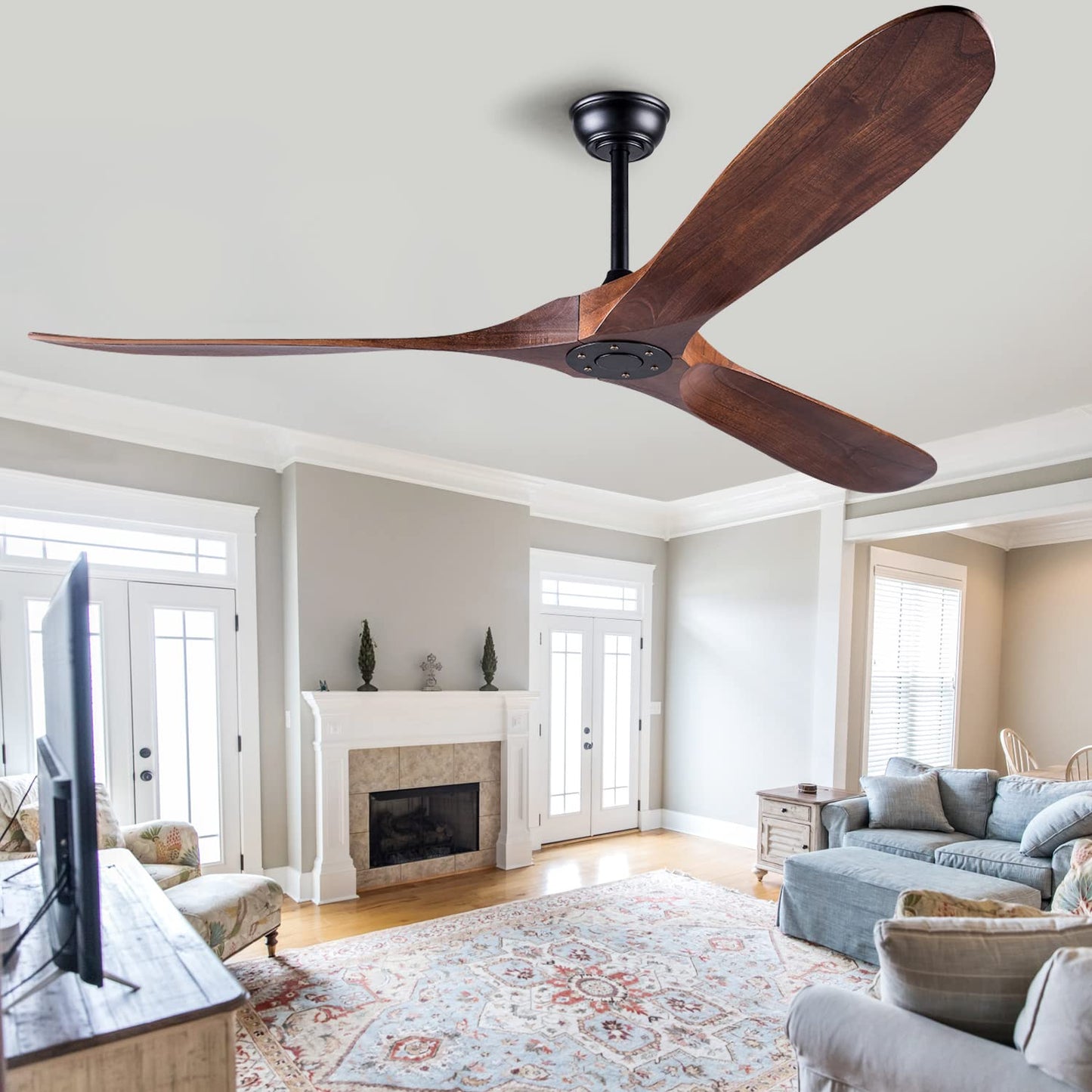 EOPETY 60 Inch Ceiling Fan Without Light ，Wood Indoor Outdoor Ceiling Fans No Light for Patios Living Room Bedroom Porch Big Ceiling Fan for Flat Sloped Ceiling(Walnut)