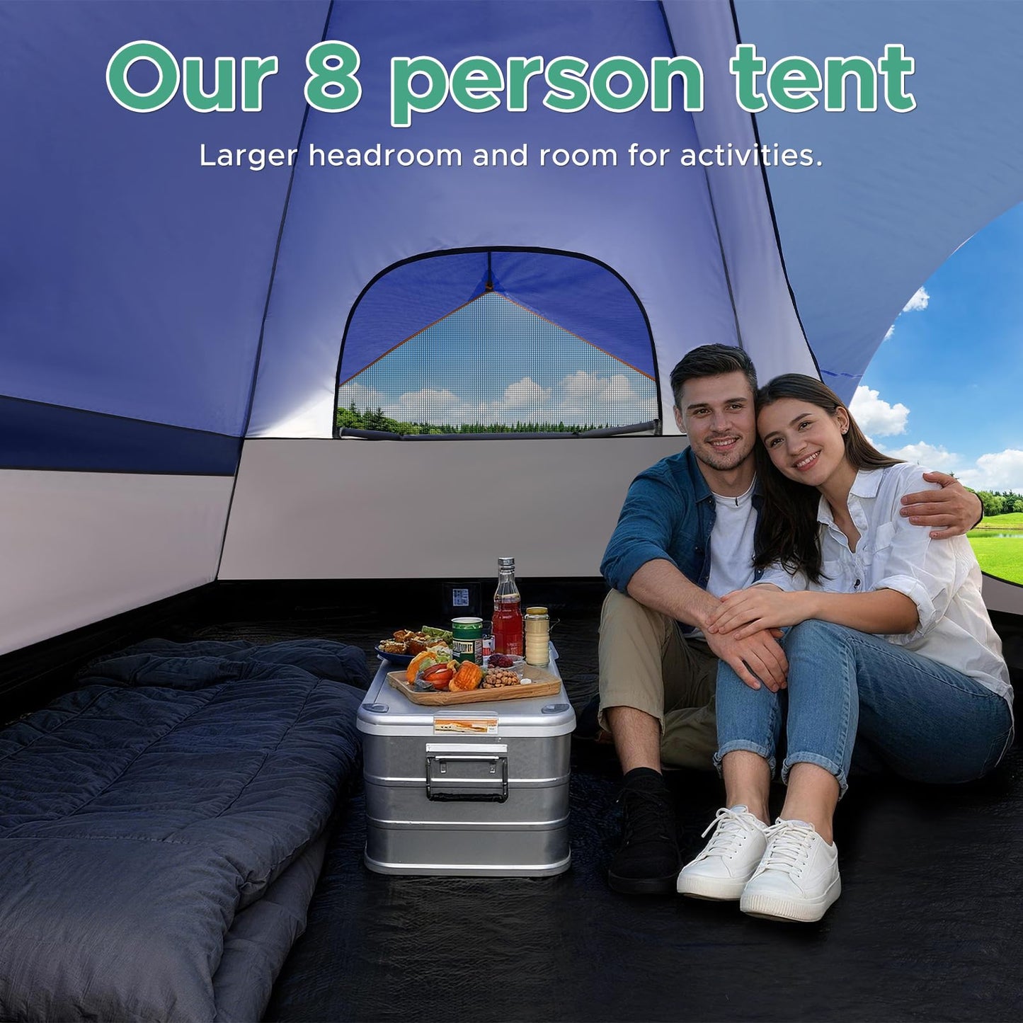 COBIZI Camping Tent, 8 Person Easy Setup Waterproof Windproof Family Tent with Removable Rainfly, Lightweight Portable Outdoor All-Season Dome Tent for Camping, Travel, Fishing, Hiking (Dark Blue)