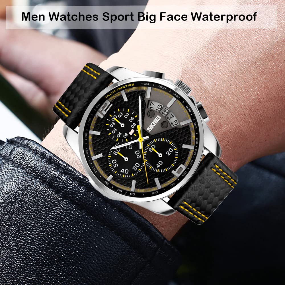 SKMEI Men Watches Black Leather Band Sports Large Big Face Luxury Waterproof Luminous Fashion Dress Casual Analog Quartz Chronograph Father Gifts Wrist Watch
