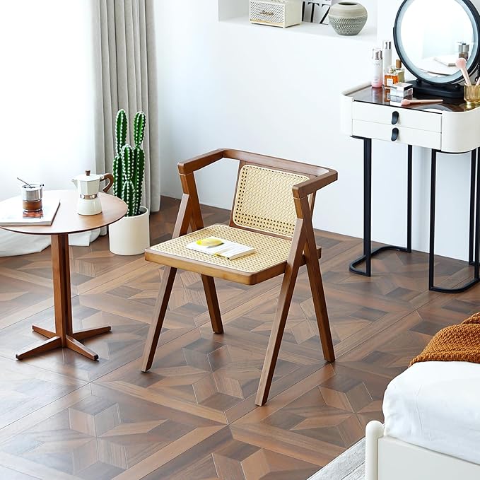 Furlide Rattan Dining Chair, Mid-Century Accent Armchair, Wicker Chair, Outdoor Bamboo Chair for Dining Room, Living Room, Bedroom, Kitchen, Walnut